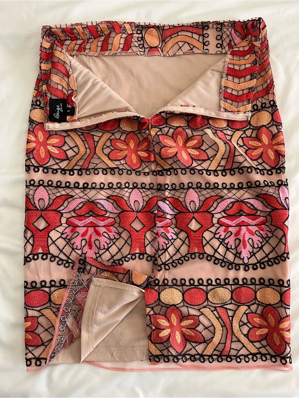 Art Deco Retro Vintage Inspired Embroidered Pink and Red Floral Pencil Skirt